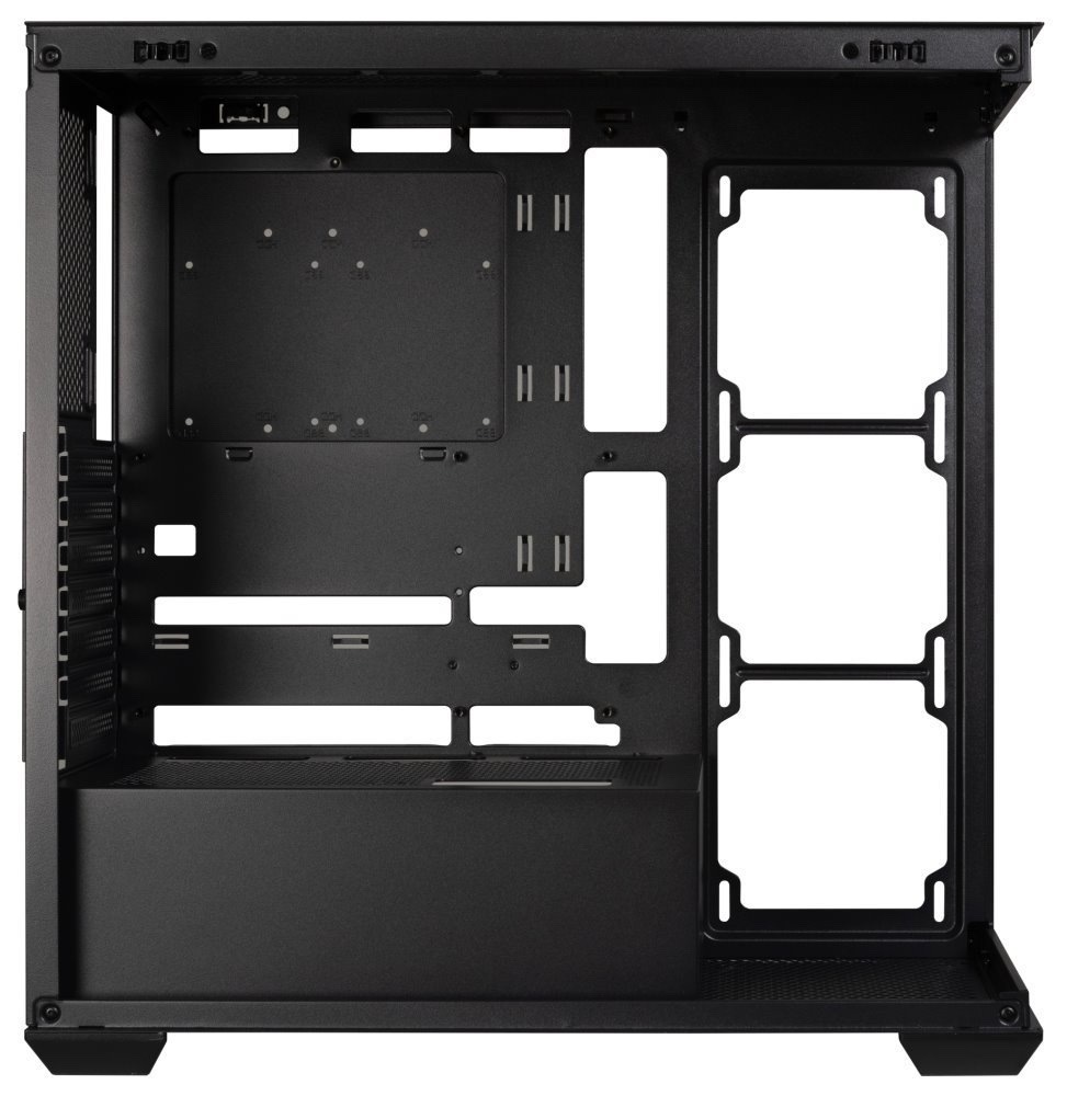 Case BitFenix CETO Cube čierna Bočný pohľad, či skôr priehľad na prázdnu skriňu. Voľné pozície pre ventilátory a komponenty.