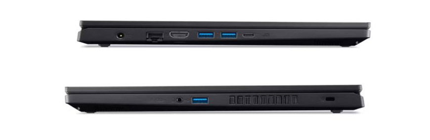 Bočný pohľad na čierny notebook s rôznymi portami, vrátane USB, HDMI, Ethernet a nabíjacieho portu.