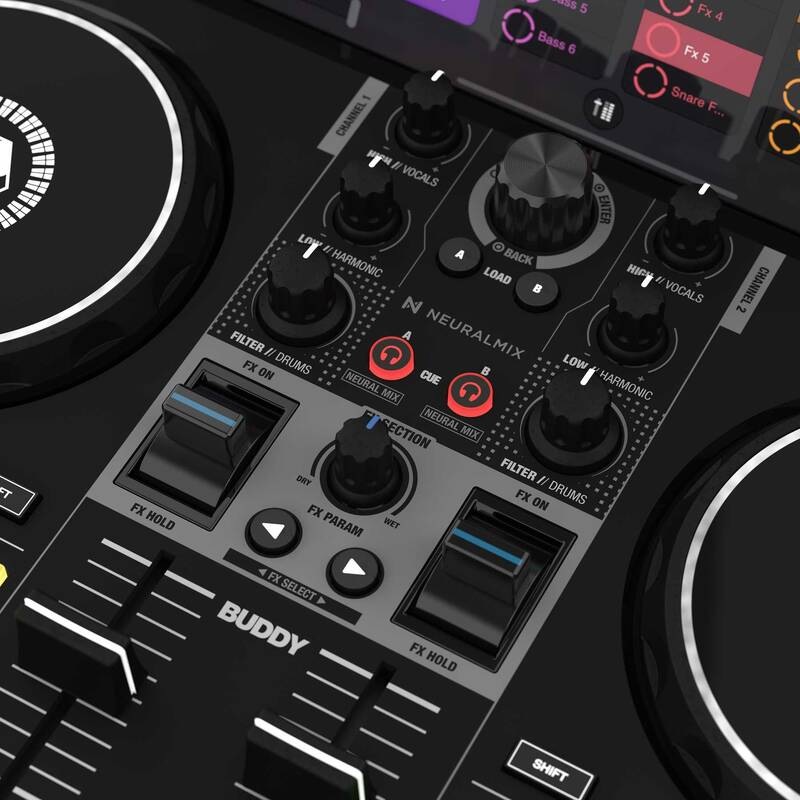 Mixážny pult Reloop Buddy čierny Detail ovládacej sekcie Neural Mix, FX faderov a knobov na DJ kontroléri Reloop Buddy