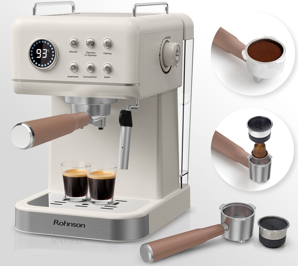 Pákový kávovar Rohnson R-98036 Hot & Cold krémový Kávovar Rohnson R-98036 Hot & Cold so znázorneným postupom prípravy nápoja s vopred namletou kávou.