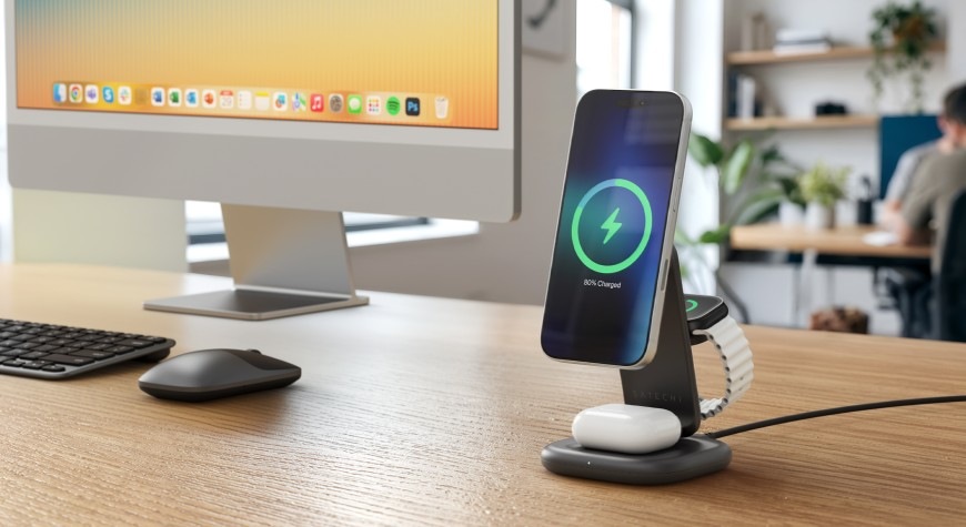 Bezdrôtová nabíjačka Satechi 3v1 skládací stojan s Qi2 25 W sivý Bezdrôtová nabíjačka Satechi 3v1 skladací stojan s Qi2 25 W súčasne napája iPhone, Apple Watch aj bezdrôtové slúchadlá
