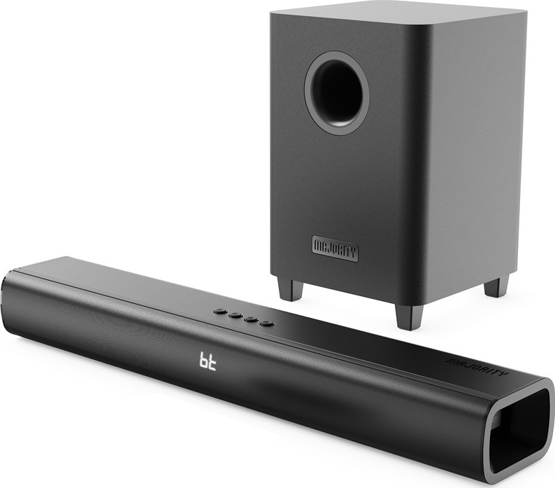 Na fotografii je soundbar Majority Naga 60 Plus s externým bezdrôtovým subwooferom. Snímka zároveň potvrdzuje, že soundbar má čelný LED displej zobrazujúci zvolený režim („bt“). Údaj „Displej: NIE“ je teda chybný a mal by byť zmenený na ÁNO.