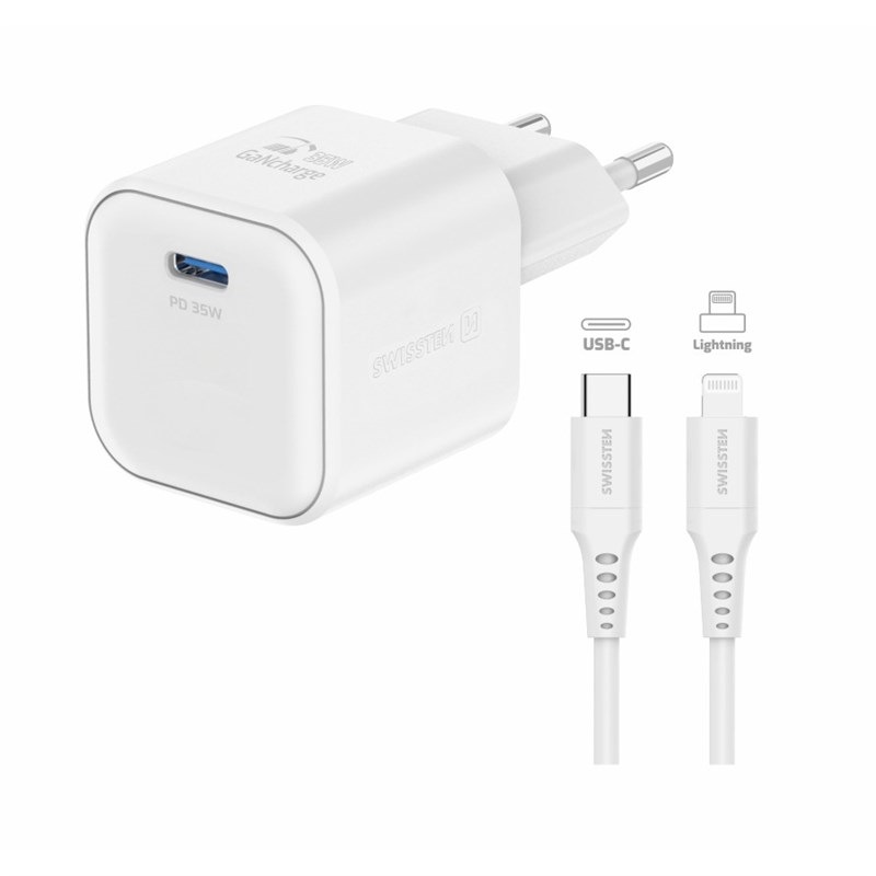 Nabíjačka do siete Swissten GAN 1x USB-C 35W PD + Dátový kábel USB-C/Lightning 1,2 M biela