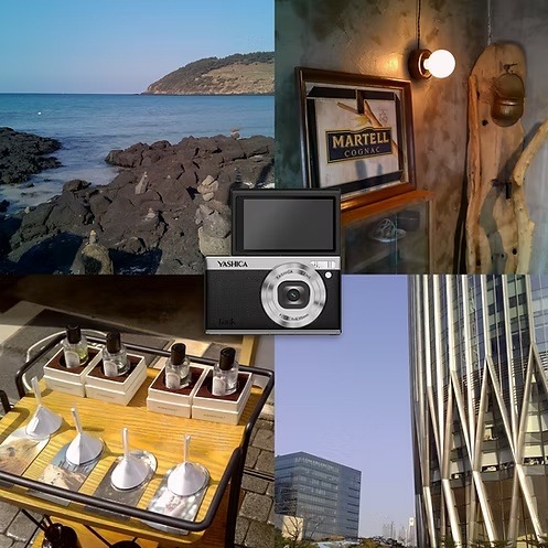 Digitálny fotoaparát Yashica Tank hnedý Koláž ukážkových fotografií s fotoaparátom Yashica Tank uprostred