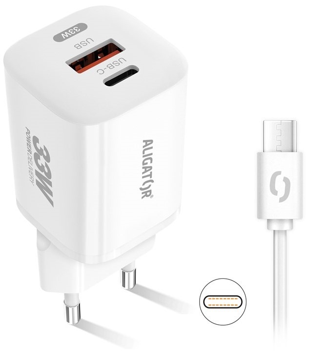 Nabíjačka do siete Aligator Power Delivery 33W, USB-C + USB-A + USB-C kábel biela