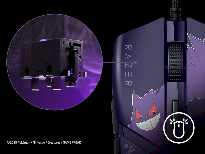 Detail optického spínača Gen-3 pri myši Razer Cobra Pokémon Gengar Edition