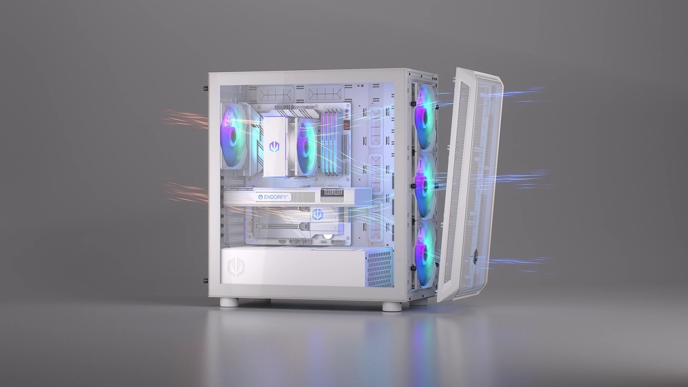 Elegantná biela počítačová skriňa s bočným panelom z tvrdeného skla odhaľuje interné RGB ventilátory, ktoré žiaria modro a fialovo. Línie prúdenia vzduchu ukazujú účinnosť chladenia. Tón je moderný a hi-tech.