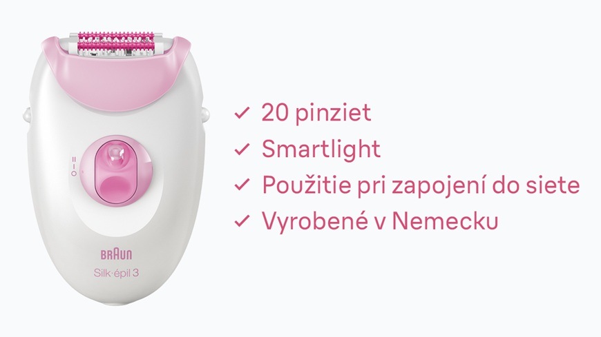 Epilátor Braun Silk-épil 3 SE3-000 ružový Detailný záber na epilátor Braun Silk-épil 3 SE3-031, ktorý disponuje 20 pinzetami a šikovným osvetlením.