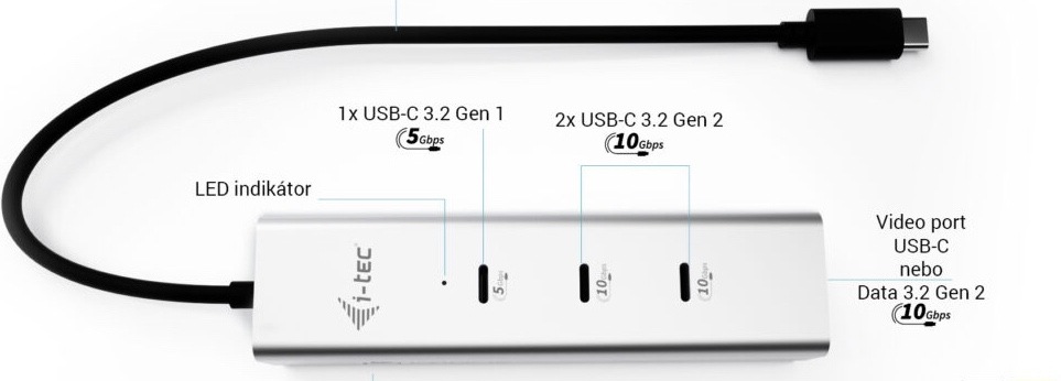 USB Hub i-tec iUSB-C Charging Metal HUB 5port, USB-C video 8K, PD 85W strieborný Na obrázku je produktová grafika USB-C hubu i-tec na bielom pozadí. Uprostred leží strieborný kovový húb s dlhším pevným káblom zakončeným USB-C konektorom. Okolo zariadenia sú popisky so šípkami, ktoré vysvetľujú jednotlivé časti a funkcie: integrovaný 30cm kábel, LED indikátor, jeden USB-C 3.2 Gen 1 port s rýchlosťou 5 Gb/s, dva USB-C 3.2 Gen 2 porty s rýchlosťou 10 Gb/s a ďalší USB-C port pre video alebo dáta. Dole je spomínaná podpora napájania cez USB-C Power Delivery, vysoký video výstup až do 8K a výkon nabíjania až 85 W.