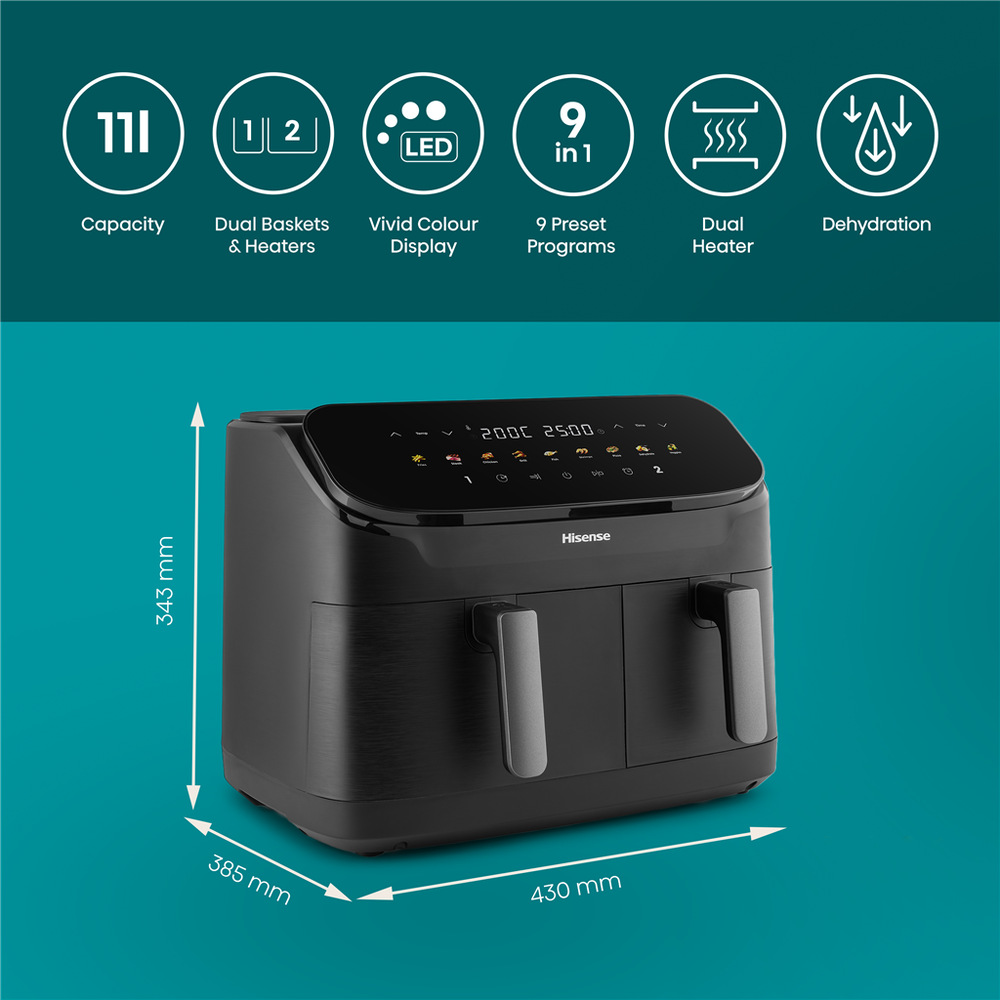 Fritéza teplovzdušná Hisense HAF2700DHA DUAL HEATER čierna Teplovzdušná fritéza Hisense HAF2700DHA predný pohľad