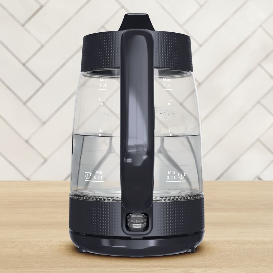 Rýchlovarná kanvica Tefal KO2G08E0 Morning Glass 1,7 l čierna Rýchlovarná kanvica Tefal KO2G08E0 Morning Glass naplnená vodou