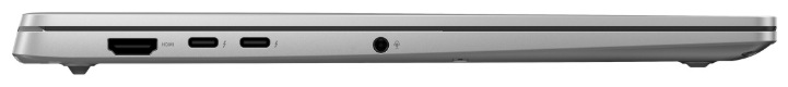 Notebook Asus Vivobook S14 strieborný Bočný pohľad na porty HDMI 2.1, dva Thunderbolt 4 a 3,5 mm konektor notebooku