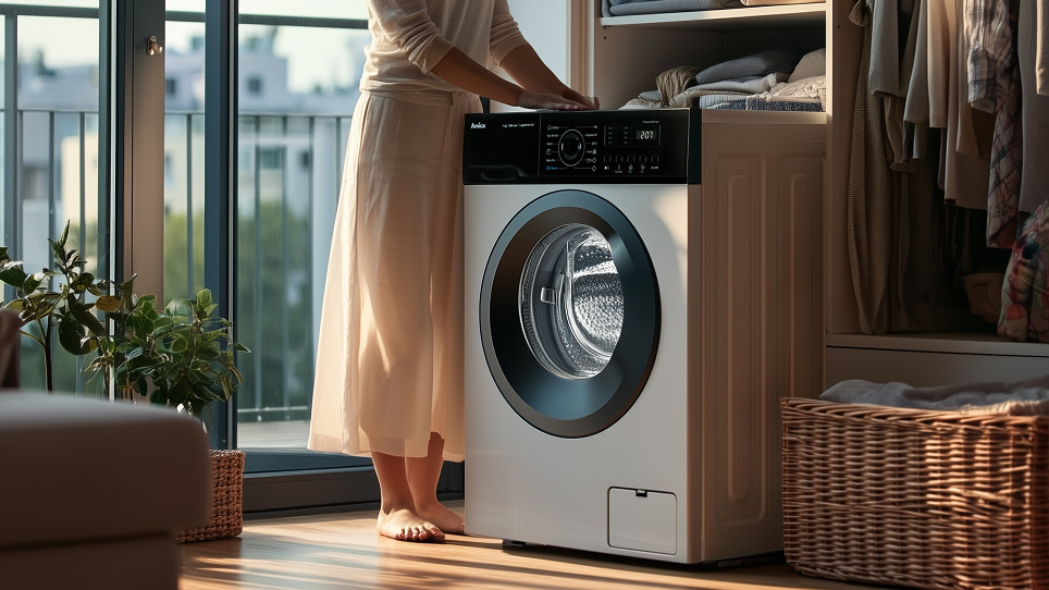 Práčka Amica WA6S712ALiJD biela Žena stojí vedľa práčky Amica WA6S712ALiJD a pokladá na ňu ruky, za práčkou sú skrine s oblečením a vpravo od práčky stojí prútený práčovný kôš