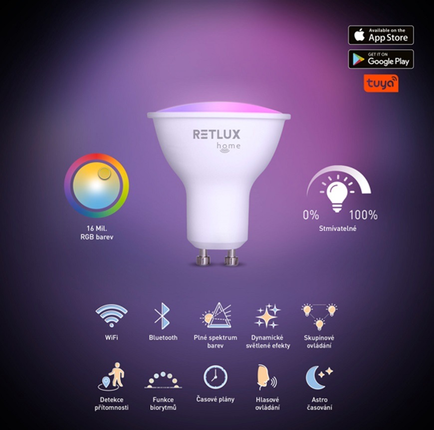 Inteligentná žiarovka RETLUX RSH 101, GU10, 4,5 W, RGB, CCT Inteligentná žiarovka RETLUX RSH 101, GU10, 4,5 W, RGB, CCT