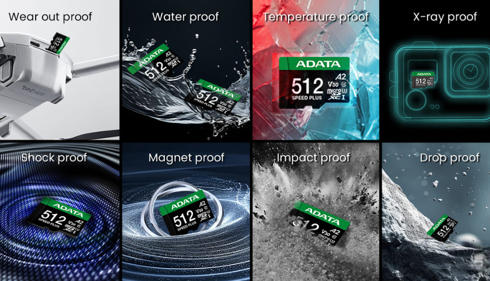 Pamäťová karta ADATA Speed Plus MicroSDXC 512GB, U3 (180R/160W) + SD adaptér čierna ADATA Speed Plus MicroSDXC ťaží aj z veľmi odolnej konštrukcie
