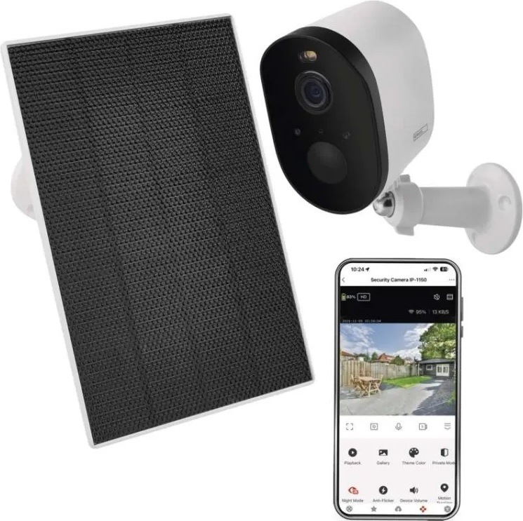 IP kamera EMOS GOSMART venkovní, Wi-Fi IP-1150 SNAP 5MPX biela Biela kamera EMOS GoSmart so solárnym panelom a ukážkou mobilnej aplikácie. Na telefóne je živý náhľad záhrady a ovládacie prvky pre záznam, zvuk, nočný režim, sirénu alebo sledovanie pohybu.