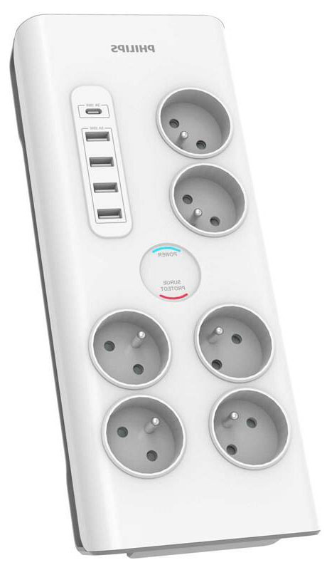 Prepäťová ochrana Philips 6x zásuvka, 4x USB, 1x USB-C, 2 m biela Přepěťová ochrana Philips 6x zásuvka, 4× USB, 1× USB-C