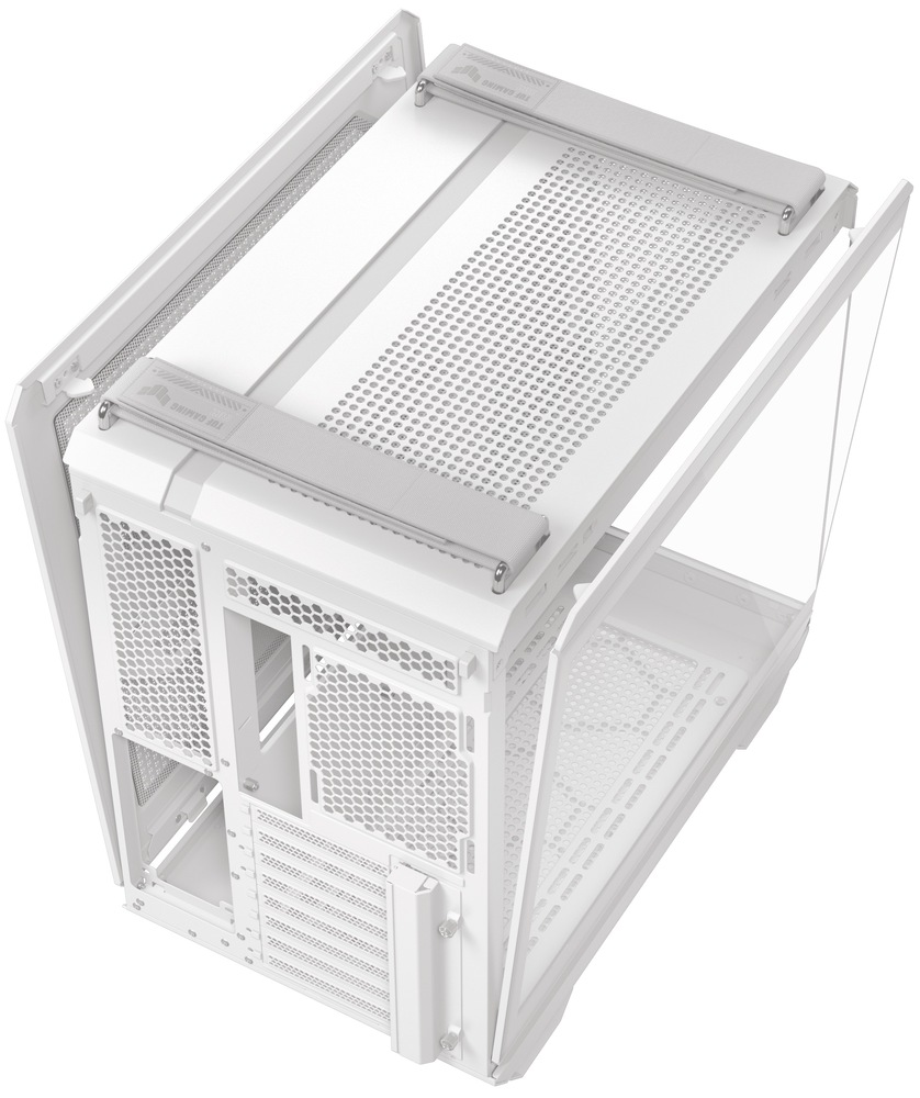 Case Asus TUF GAMING GT502 HORIZON biela Na fotke je skriňa fotená zozadu zhora v „rozobranom“ pohľade: uprostred stojí samotné šasi a bočné panely sú odklopené. Hore je dobre vidieť perforované horné veko (pre odvod tepla), zároveň sú zložené/odklopené obe bočnice – jedna sklenená a druhá servisná – takže je naznačený ľahký prístup do oboch komôr skrine.