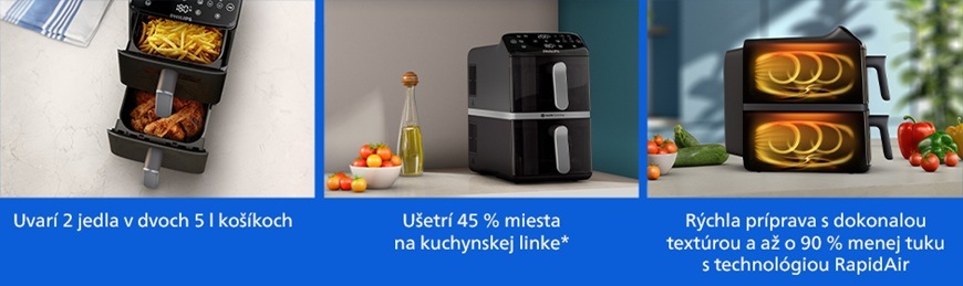 Fritéza teplovzdušná Philips Airfryer Dual Basket 4000 series 10 l, NA461/00 čierna Koláž funkcií teplovzdušnej fritézy Philips NA461/00 zobrazujúca prípravu dvoch jedál súčasne v dvoch košoch, kompaktné prevedenie šetriace miesto na kuchynskej linke a technológii RapidAir na rýchle varenie s nižším množstvom tuku.