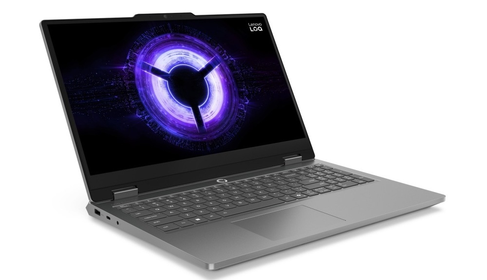Notebook Lenovo LOQ Essential 15ARP11 sivý Otvorený a zapnutý notebook Lenovo LOQ Essential 15ARP11 otočený doprava