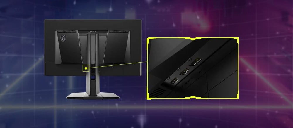 Pohľad zozadu na monitor so zvýrazneným detailom dvoch HDMI portov na digitálnom pozadí s modrou a ružovou gradientnou farbou.
