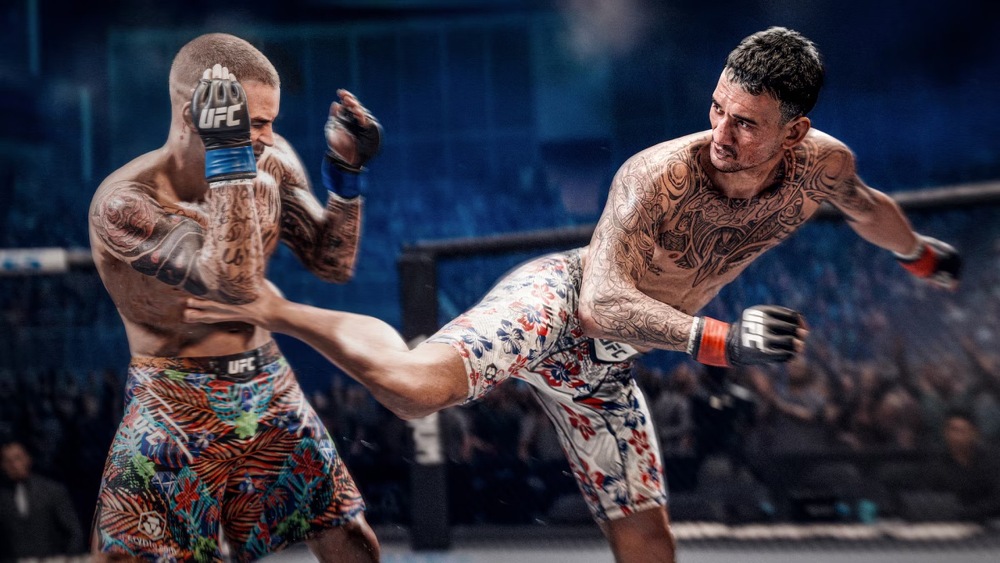 Záber z hry UFC 6 na ktorom sa jeden zápasník úderom nôh snaží vychýliť z rovnováhy druhého.