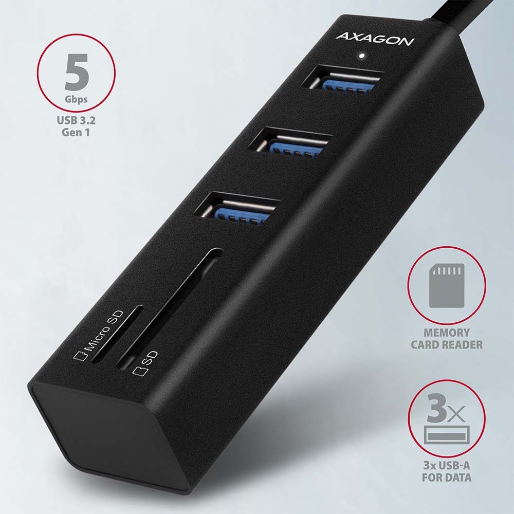 USB Hub Axagon USB 3.2 Gen 1 húb, 3x USB-A + čítačka kariet SD/microSD, kábel USB-A 20cm čierny