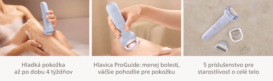 Epilátor Philips BRE709/00 modrý Koláž funkcií epilátora Philips v modrej farbe zobrazujúca epiláciu nôh, použitie hlavice ProGuide pre šetrnejšie odstránenie chĺpkov a príslušenstvo pre starostlivosť o celé telo.