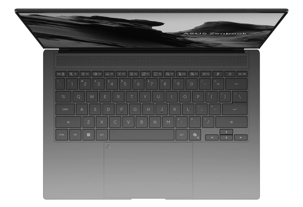 Pohľad zhora na klávesnici notebooku ASUS Zenbook S 14″ width=