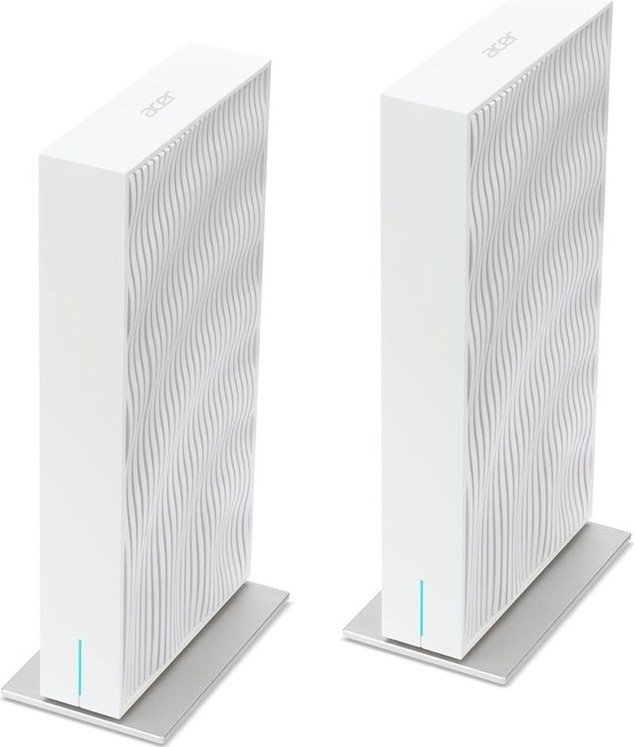 Dve biele jednotky Acer Connect Wave 7 v úzkom zvislom prevedení. Každá stojí na plochom podstavci, má predný panel s vlnkovaným vzorom, logo Acer hore a modrú stavovú kontrolku dole.