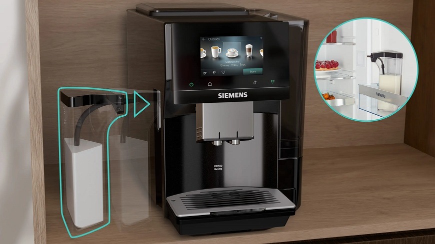 Kávovar Siemens TQ725E03 s mliečnou nádobou a cukorničkou vedľa