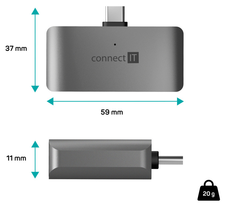 Čítačka pamäťových kariet Connect IT CompactPRO + USB hub antracitová farba Connect IT CompactPRO + USB hub váži len 20 g