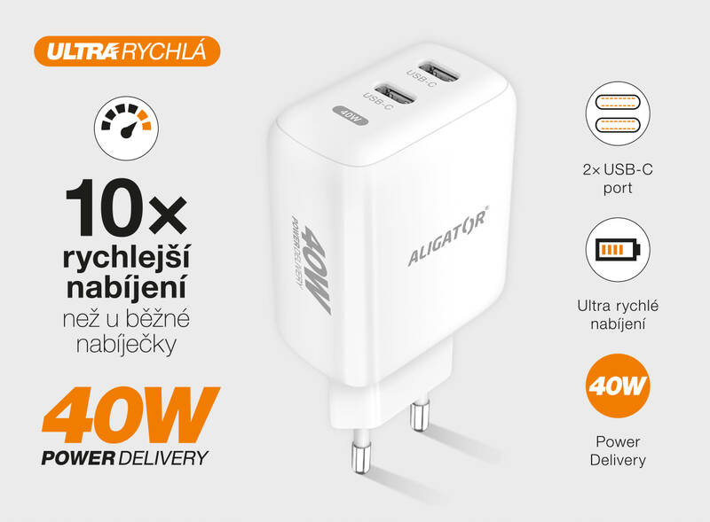 Nabíjačka do siete Aligator Power Delivery 40W, 2x USB-C + USB-C kábel biela Nabíjačka do siete Aligator Power Delivery 40W, 2x USB-C + USB-C kábel biela