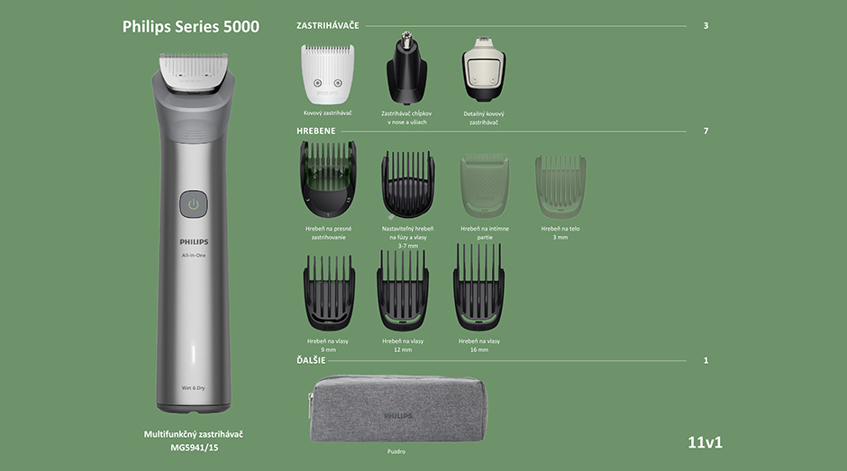 Zastrihávač multifunkčný Philips Series 5000 MG5941/15 sivý Multifunkčný zastrihávač Philips MG5941/15 vrátane vymeniteľných nástavcov