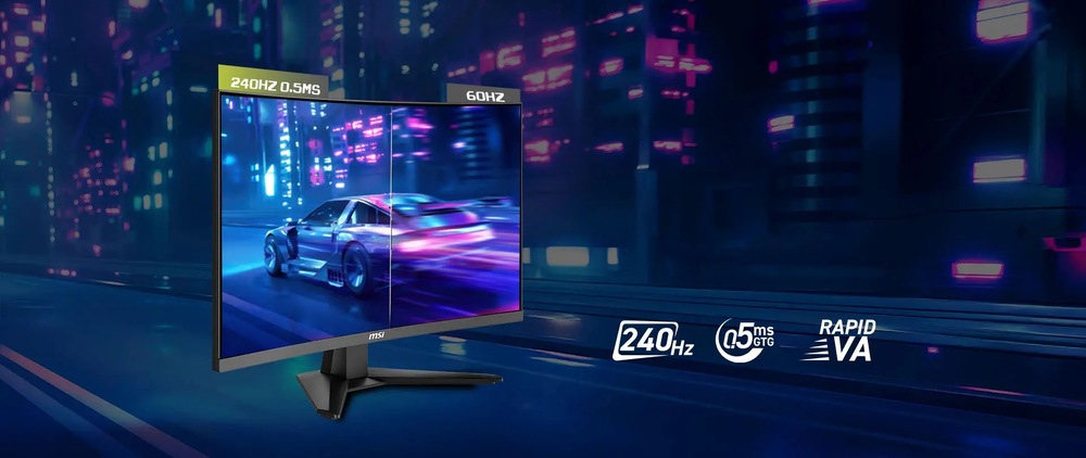 Herný monitor MSI MAG 274CF X24 čierny Monitor zobrazuje závodnú hru, rozdelenú na porovnanie obnovovacích frekvencií 240 Hz a 60 Hz. Futuristická mestská scéna je živá, s efektmi rozmazania pohybom a neónovými svetlami.