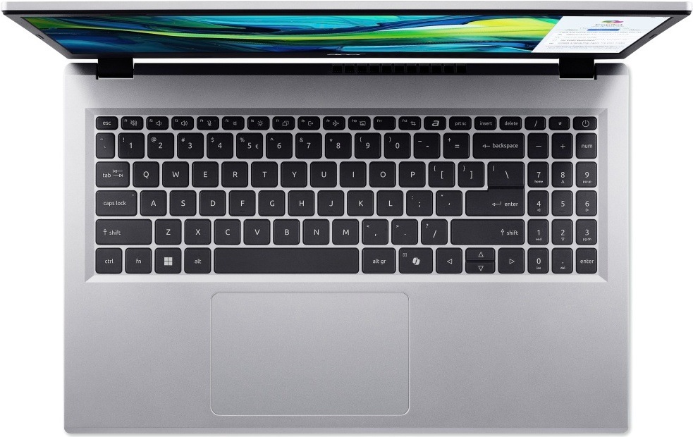 Notebook Acer Aspire Go 15 (AG15-72P-52PR) strieborný Pohľad zhora na notebook Aspire Go 15 s numerickým blokom