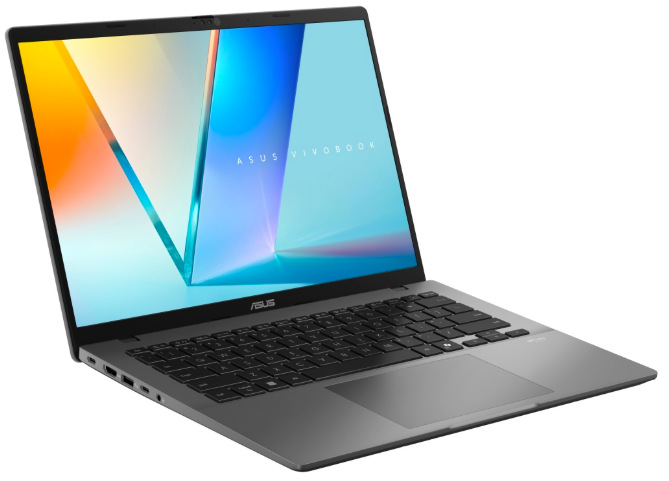 Sivý ASUS Vivobook S14 z ľavého uhla s klávesnicou a bočnými portami