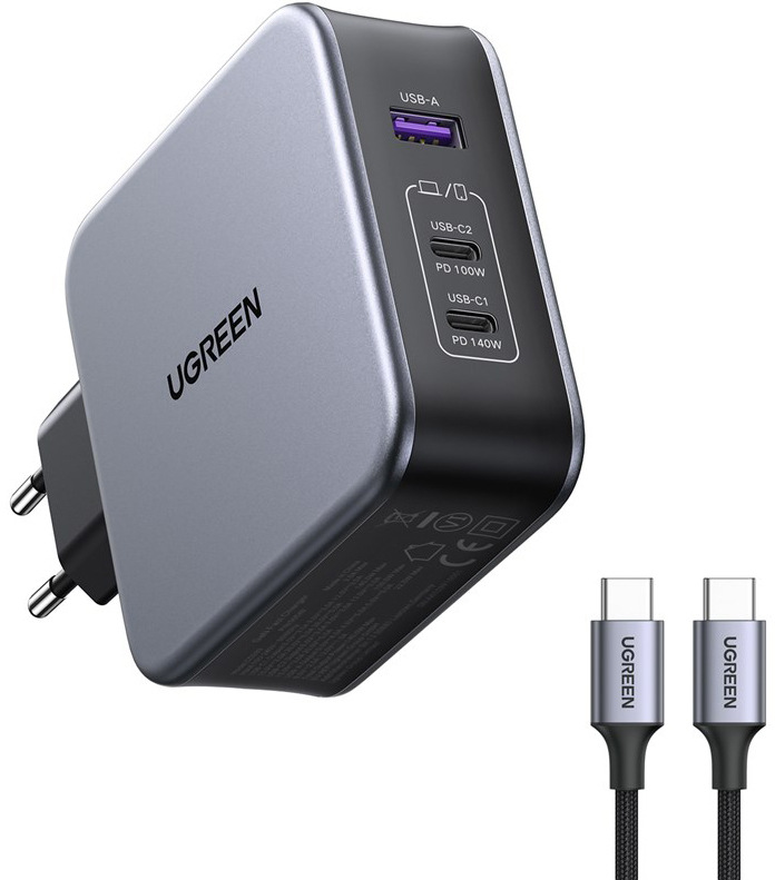 Nabíjačka do siete UGREEN USB, 2x USB-C PD, 140W, GaN + USB-C kábel 2m - šedá