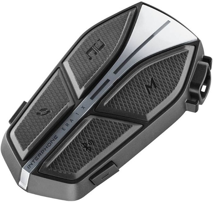 Handsfree Interphone ERA 1 X (Sada 2 ks) – Interkom na motorku čierne Detail texturovaných ovládacích tlačidiel a LED prúžku interkomu Interphone ERA 1 X