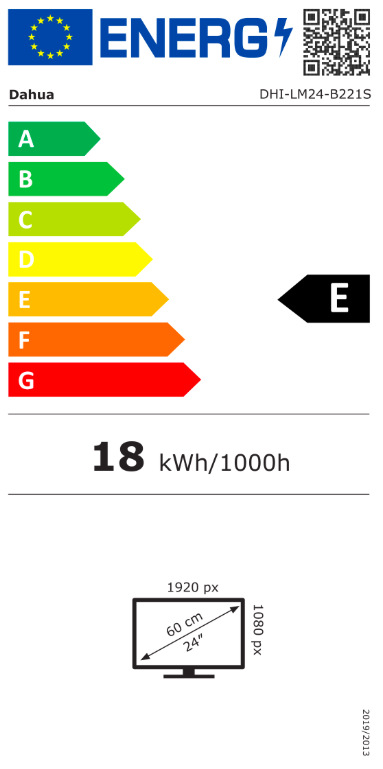 Energetický štítok monitora Dahua LM24-B221S s triedou účinnosti E a spotrebou 18 kWh