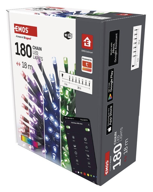Vianočné osvetlenie EMOS GoSmart 180 LED reťaz, 18 m, vonkajšie aj vnútorné, RGB, časovač, Wi-Fi