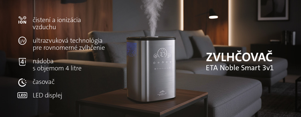 Zvlhčovač vzduchu ETA Noble Smart 3v1 s ultrazvukovou technológiou, LED displejom a funkciou čistenia a ionizácie vzduchu, umiestnený v modernej obývacej izbe