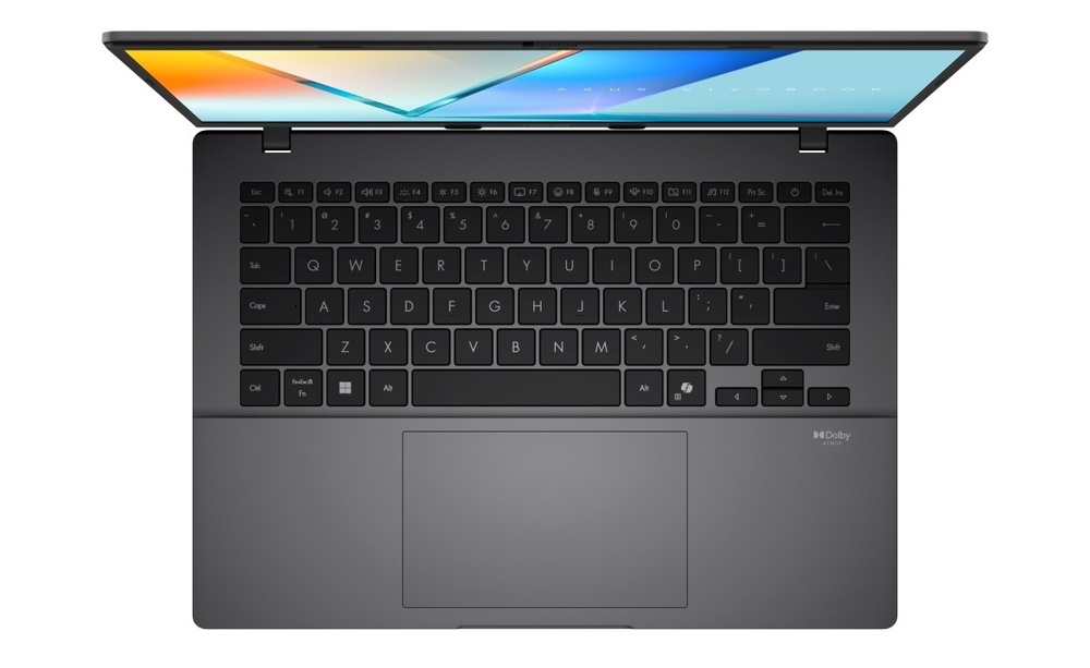 Notebook Asus Vivobook S14 strieborný Pohľad zhora na klávesnici notebooku ASUS Vivobook S 14″ width=