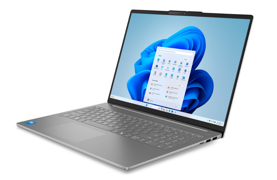 Notebook Lenovo IdeaPad Slim 3 16IMH11 sivý Otvorený a zapnutý notebook Lenovo IdeaPad Slim 3 16IMH11 otočený doľava