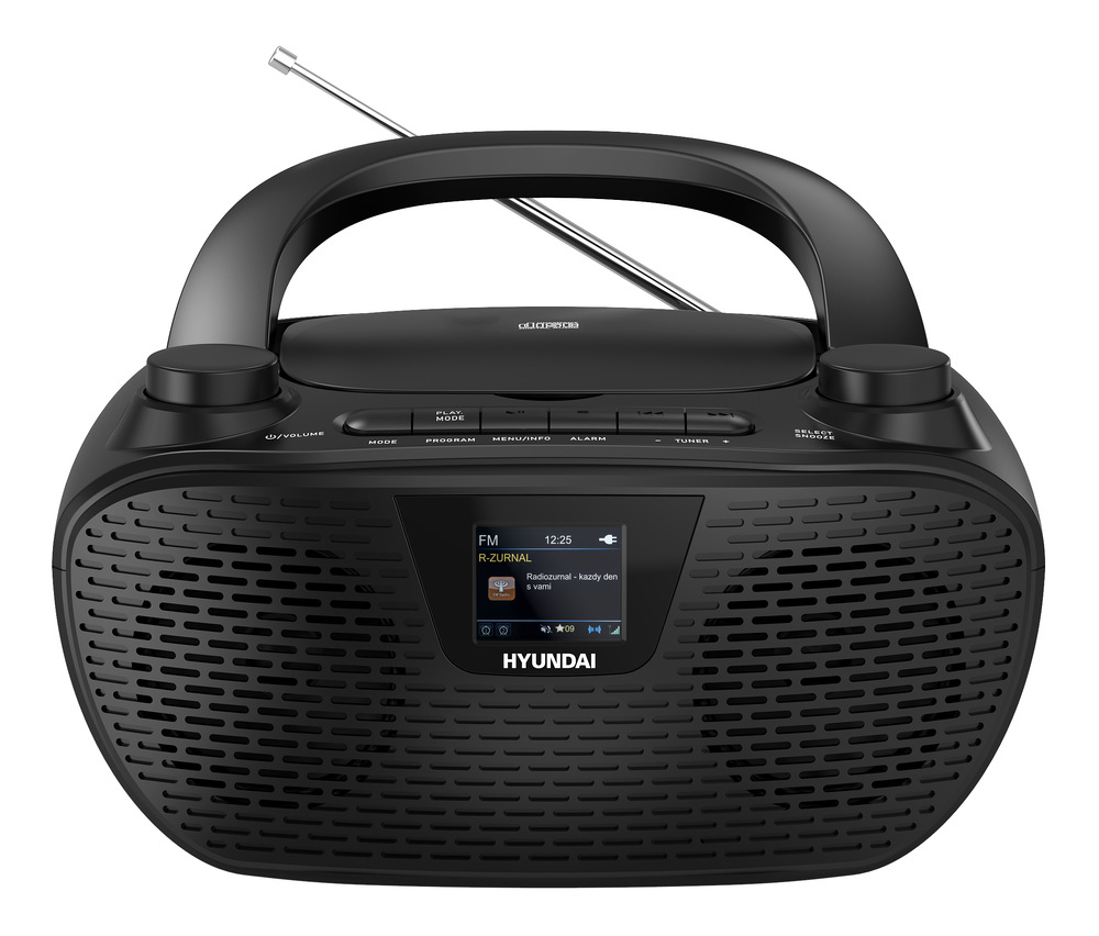 Rádioprijímač s CD Hyundai TRC 544 AU3BB čierny Čierne rádio Hyundai s CD prehrávačom, výsuvnou anténou a AUX/slúchadlovým vstupom – pohľad zľava.