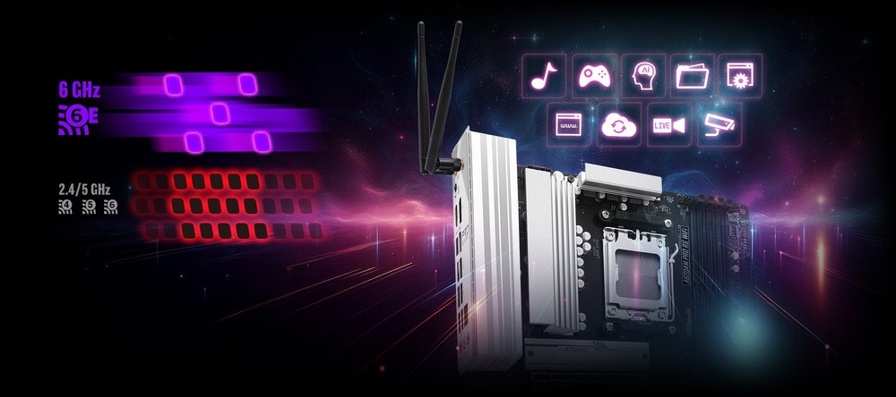Základná doska ASRock A620AM PRO RS WIFI čierna Futuristická základná doska počítača so žiariacimi ikonami pre hudbu, hry a médiá. Antény pripomínajúce bezdrôtové pripojenie na pozadí kozmického pozadia.