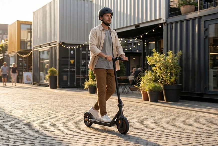 Elektrická kolobežka Sencor SCOOTER S25 čierna Muž ide na elektrickej kolobežke Sencor mestskou ulicou s modernou architektúrou a kaviarňami v industriálnom štýle. Má nasadenú helmu a pôsobí sústredene pri plynulej jazde po dláždenom povrchu. Okolie dopĺňajú kontajnery prestavané na podniky.