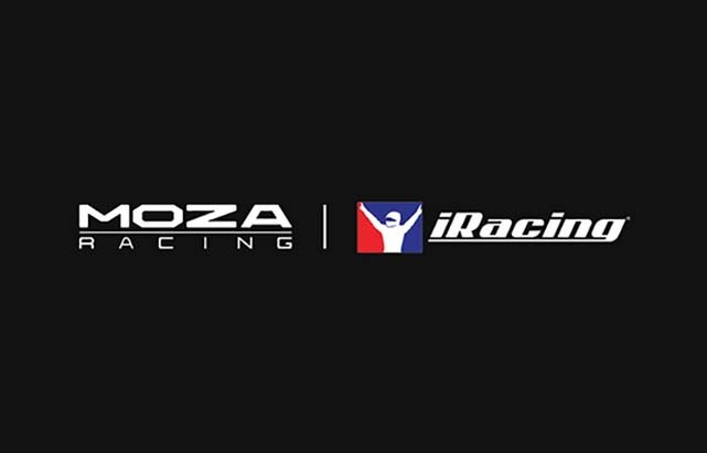 Základňa Moza Racing R25 Ultra Direct Drive hliník Logá pre Moza Racing a iRacing na čiernom pozadí. Text Moza Racing je tučný, zatiaľ čo iRacing obsahuje postavu so zdvihnutými rukami, ktorá evokuje vzrušenie.