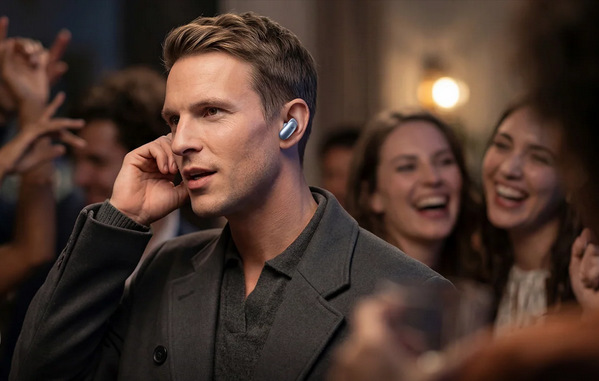 Slúchadlá Anker soundcore Liberty 5 Pro Max zlatá Muž ovládajúci slúchadlá Soundcore Liberty 5 Pro Max dotykom na uchu v hlučnom prostredí.
