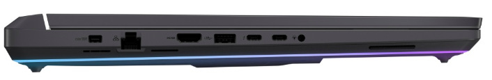 Bočný panel notebooku s portami RJ45, HDMI, Thunderbolt 5 a napájaním